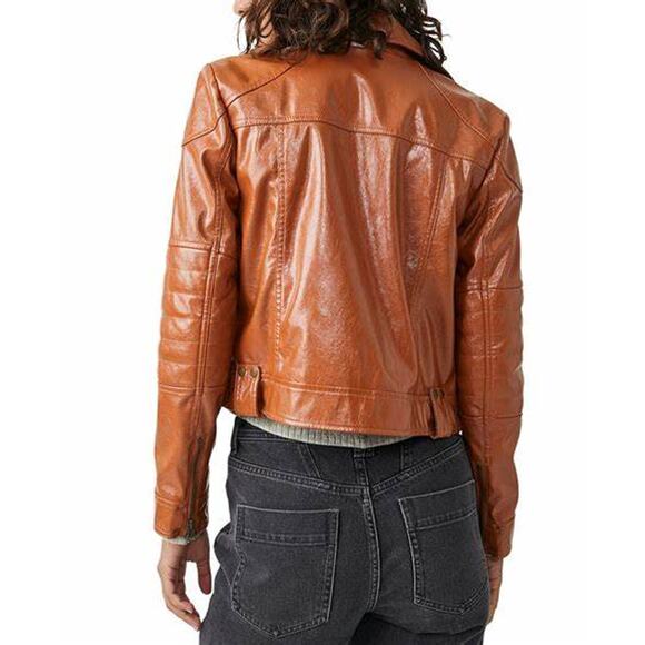 Free People Josie Jacket Large Women's Brown Vegan Leather Moto NEW - Picture 2 of 13